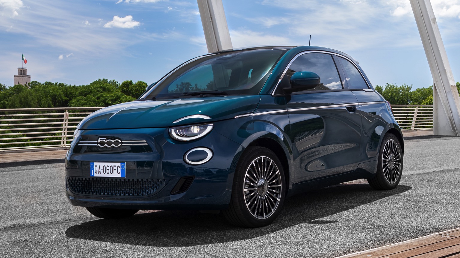 Fiat 500e electric hatchback exterior showing its compact silhouette and sleek lines